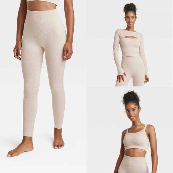 JoyLab Textured Seamless Three Piece Top Bra Leggings Set Beige Tan Small XS - Picture 2 of 14